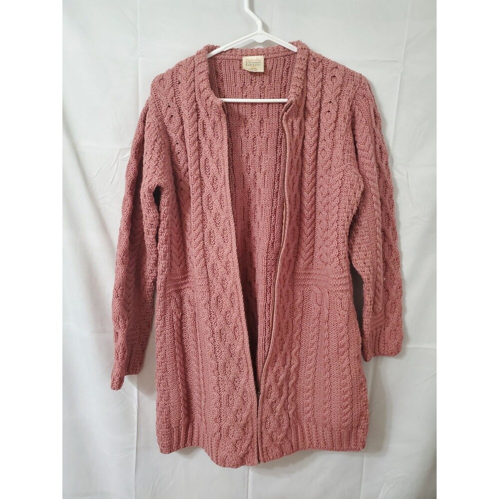 Kilronan Knitwear Bubblegum Pink Fisherman Cableknit Chunky Cardigan Large ZipUP